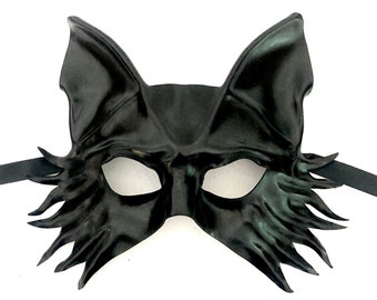 Entirely Handcrafted Leather Mask Black Wolf Fox Dog very lightweight and easy to wear Halloween Masquerade Photo Prop Burning Man