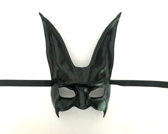 Black Rabbit Leather Mask 10 1/4” tall  Entirely Handcrafted masquerade costume art Burning Man Halloween Medium Adult Size