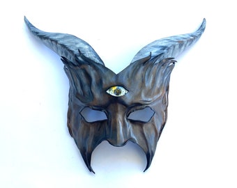 Entirely Handcrafted Leather Goat Mask with Third Eye Halloween costume Masquerade Devil Krampus grey brown black
