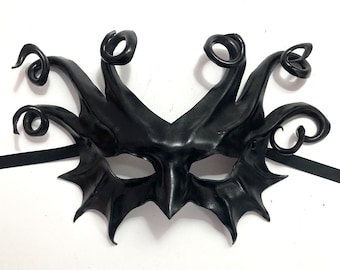 Black Leather Mask with Twisting Spirals Curls gothic black tie elegant Entirely Handcrafted light and easy to wear Halloween Burning Man