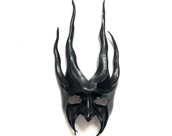 Abstract & Elegant Black Leather Mask 14 1/2” tall  Entirely Handcrafted masquerade costume art Halloween Mardi Gras Witchy Devilish adult