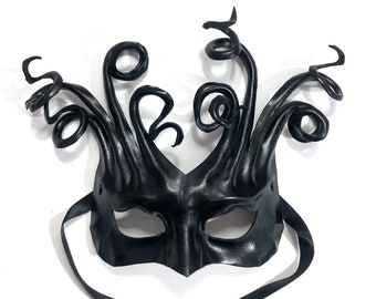 Black Leather Mask with Twisting Spirals Curls Entirely Handcrafted light and easy to wear costume men women masks masquerade