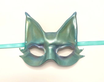 Little Cat Leather Mask in Metallic Pearl Light Teal entirely handcrafted lightweight & easy to wear Mardi Gras masquerade Adult Small