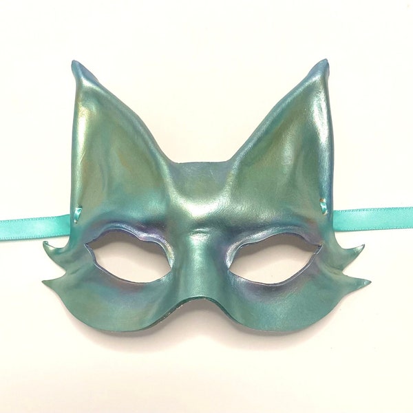 Little Cat Leather Mask in Metallic Pearl Light Teal entirely handcrafted lightweight & easy to wear Mardi Gras masquerade Adult Small