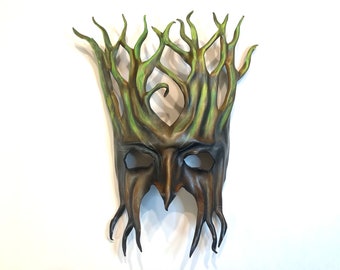 Leather Tree Mask forest greenman greenwoman 12” lightweight entirely handcrafted Burning Man masquerade Midsummer Halloween Burning Man