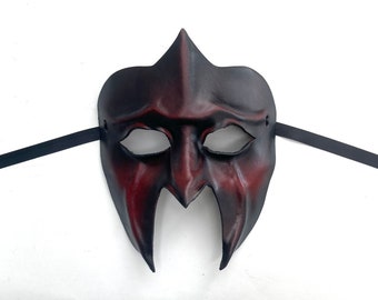 Leather Mask Gladiator Spartan Roman in Dark Red & Black entirely handcrafted lightweight easy to wear Halloween masquerade Mardi Gras
