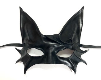 Black Cat Leather Mask with forehead whisker curl Entirely Hand Crafted lightweight and easy to wear Halloween costume masquerade