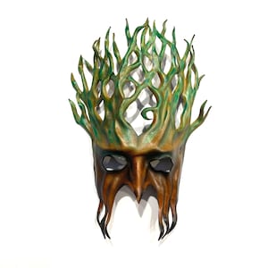 Leather Tree Mask Entirely Handcrafted forest greenman greenwoman 14” tall lightweight Druid masquerade Halloween costume Beltane