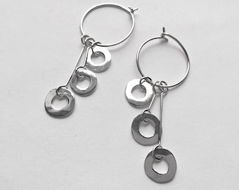 Sterling silver hoop earrings with hammered round drops