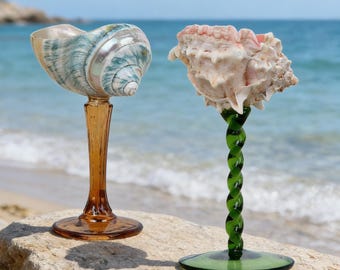 Wijnglazen in de vorm van schelpen, martiniglazen van zeeschelpen, elegante tafeldecoratie, cadeaus voor bruidsmeisjes bij een strandbruiloft, cadeaus voor het bruidsgezelschap