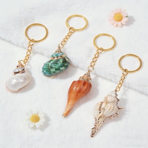 May include: Four seashell keyrings with gold-coloured chains and key rings. The seashells are in various colours, including white, green, and orange. Two small flowers are placed near the keyrings. The keyrings are on a white, textured surface.