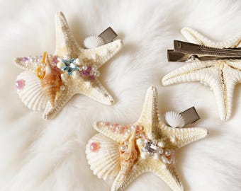 Haarclips in de vorm van een zeester of schelp, haarclips met een strand- of oceaanmotief, haarspelden voor de zomervakantie, boho-haarspelden in kuststijl, haarclips voor een strandbruiloft