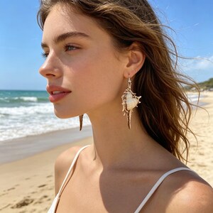 Può includere: Orecchini a conchiglia argentati dall'aspetto naturale e strutturato. Gli orecchini presentano un design traforato dettagliato, con una forma pendente e allungata. Gli orecchini sono indossati da una persona su una spiaggia.