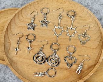 Spiral Y2K Earrings, Silver Star Starlight Earrings, Swirl Tooth Earrings, Heart Hook Earrings, Dainty Stars Earrings, Woman Stud Earrings