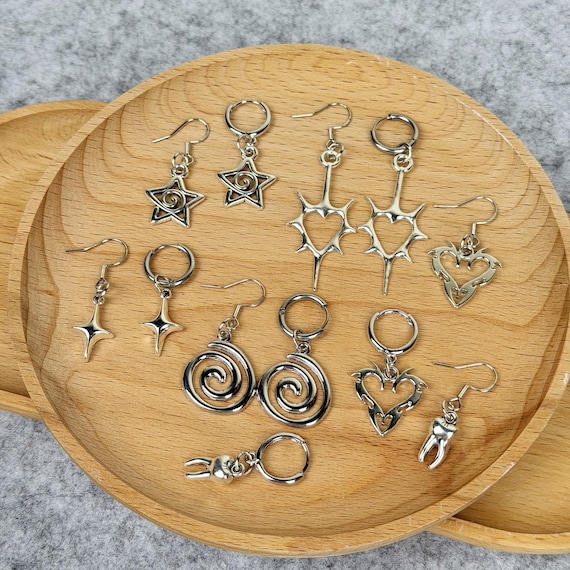 Spiral Y2K Earrings, Silver Star Starlight Earrings, Swirl Tooth Earrings, Heart Hook Earrings, Dainty Stars Earrings, Woman Stud Earrings