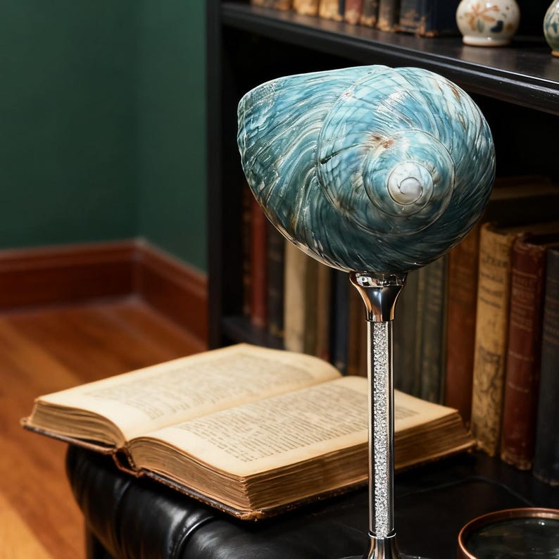 May include: A decorative seashell-shaped object with a blue and green swirl pattern, mounted on a silver-colored stem adorned with crystals. The object is displayed near an open book and a bookshelf filled with books.