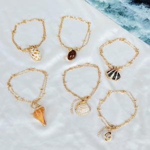 Könnte beinhalten: Eine Sammlung goldfarbener Fußkettchen, jeweils mit einem Anhänger in Form einer Muschel. Die Muscheln variieren in Farbe und Design, darunter Weiß-, Braun- und Orangetöne. Die Fußkettchen werden auf einer weißen Oberfläche präsentiert.