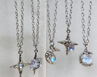 Blue Star Y2K Necklace, Moon Star Y2K Necklace, Gradient Pendant Y2K Necklace, Punk Adjustable Necklace, 2000s Silver Necklaces