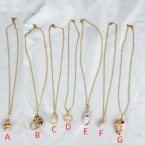 Op de afbeelding: Een verzameling van zeven goudkleurige kettingen, elk met een unieke schelpenhanger. De hangers vari&euml;ren in vorm, grootte en kleur en tonen natuurlijke texturen en tinten. De kettingen worden op een witte ondergrond gepresenteerd.