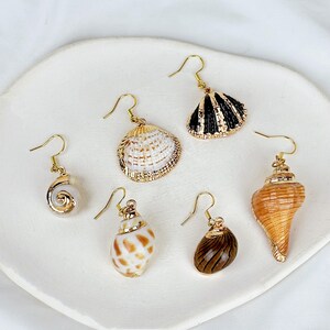 Könnte beinhalten: Eine Sammlung von sechs Muschelohrringen mit goldfarbenen Haken. Die Ohrringe zeigen verschiedene Muscheldesign in Weiß, Braun und Schwarz, mit goldenen Akzenten. Die Ohrringe werden auf einer weißen, leicht strukturierten Oberfläche präsentiert.