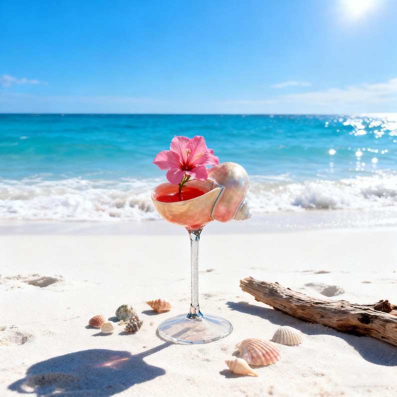 May include: A cocktail in a unique glass, with a seashell bowl and a pink flower garnish, sits on a sandy beach. The drink is a vibrant red color. Several seashells are scattered around the base of the glass, with the ocean in the background.