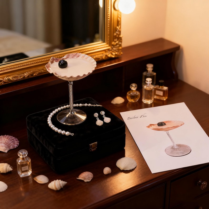 May include: A vanity scene featuring a decorative seashell-shaped glass with a black sphere, a black velvet jewelry box, a pearl necklace, and seashell earrings. Several perfume bottles and seashells are arranged on a dark wooden surface. A print with the text "Beiber Zhu" is also present.