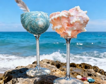 Seashell Wine Glasses, Conch Shell Martini Glasses, With Silver Stem, Beach Wedding Bridesmaid Gifts, Wedding Anniversary Party Gifts