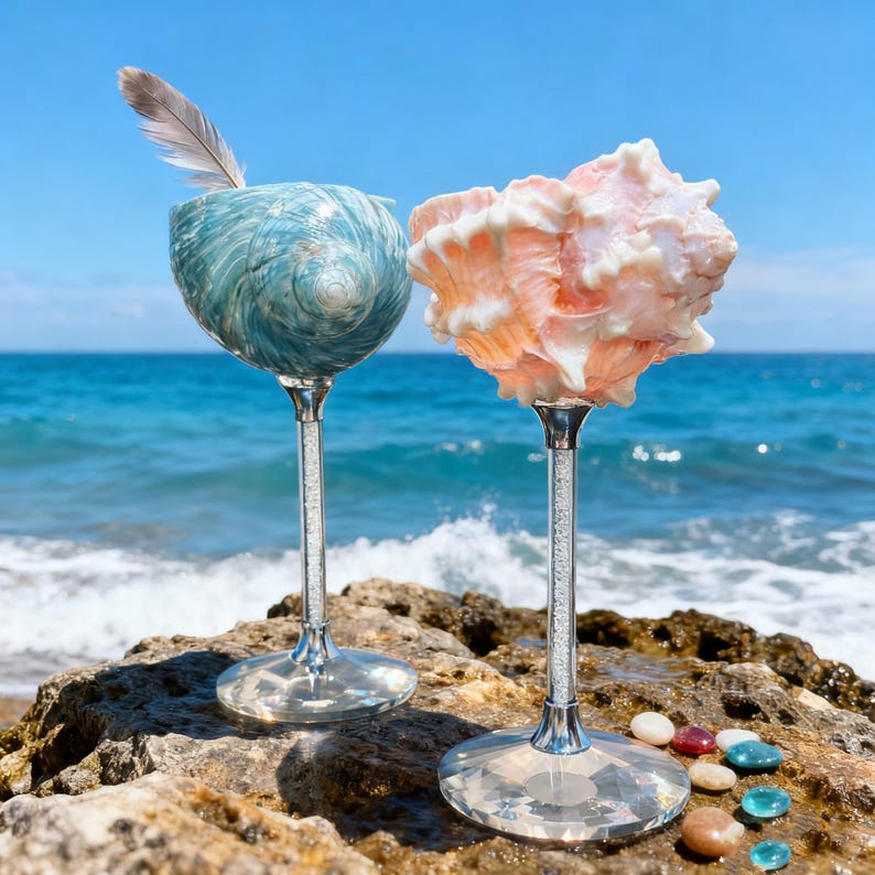 May include: Two decorative wine glasses with crystal stems and bases. One glass features a blue and white swirled design, with a feather. The other glass has a pink and white seashell design. The glasses are on a rocky surface near the ocean.