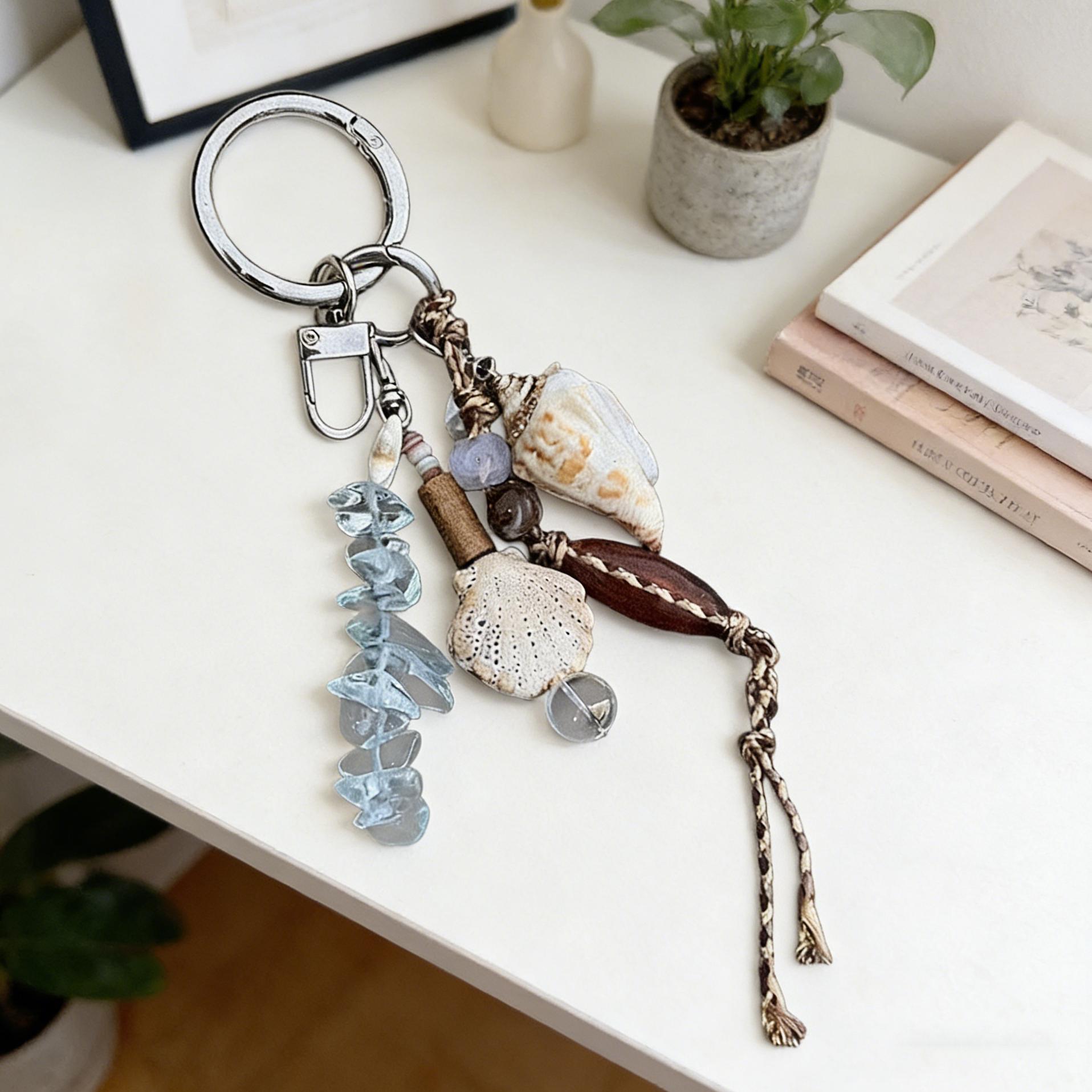 Seashell Bag Charm, Boho Coastal Keychain With Natural Shells & Beads ...