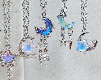 Star Moon Y2K Necklace, Blue Star Y2K Necklace, Gradient Pendant Y2K Necklace, Punk Adjustable Necklace, 2000s Silver Necklaces