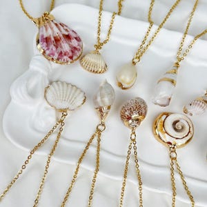 Op de afbeelding: Een verzameling gouden kettingen met verschillende zeeschelpen. De schelpen hebben verschillende vormen en kleuren, waaronder wit, bruin en roze. Elke schelp is bevestigd aan een fijne gouden ketting, wat een sieradenset in strandstijl cre&euml;ert.