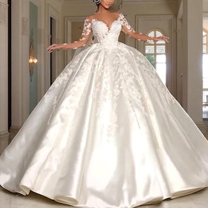 Luxury Satin Wedding Dress With Embroidered Lace, Princess Ball Gown, Long Sleeve, O-Neck, Spring Bridal Gown, Gift For Bride