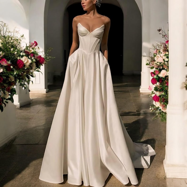 Elegant Strapless Corset Satin Wedding Dress With Train - Etsy Australia