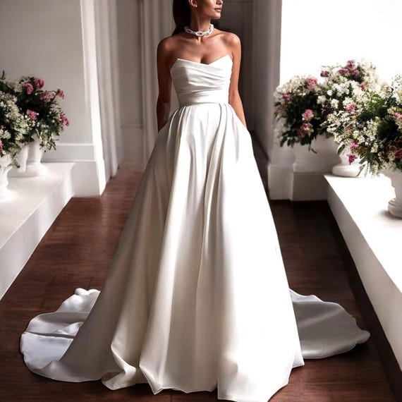Strapless Satin Wedding Dress: Minimalist A-Line Bridal Gown