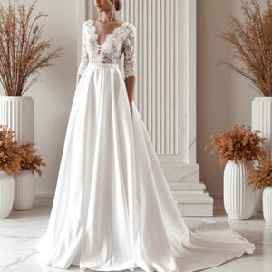 Elegant Satin Wedding Dress V-Neck A-Line Lace Bridal Gown, Custom Fit, Spring Summer Bride Dress, Garden Beach Wedding Gift Idea