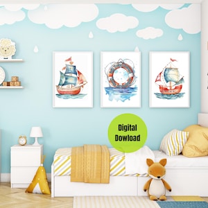 Nautical nursery set of 3, Playroom decor, nautical Nursery, Nursery nautical wall art, Kids Wall art, nautical wall art, Nursery Nautical.