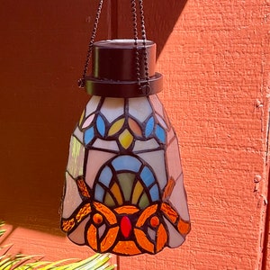 Solar Garden Lantern, Hanging Outdoor Stained Glass Light, Amber Baroque