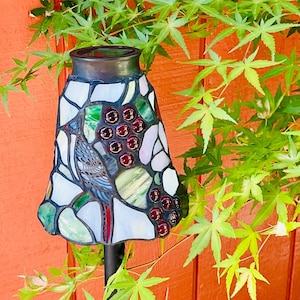 Solar Garden Light, Hanging Outdoor Stained Glass Light, Blue Bird Design
