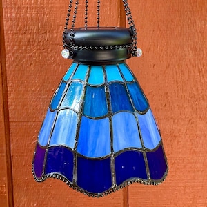 Solar Garden Lantern, Hanging Stained Glass Light, Ocean Waves With Dichroic Beadwork