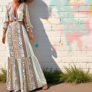 Boho Summer Festival Dress, Ruffle Vacation Cotton Beach Dress, Women Rave Outfit, Hippie Flowy Fairy Dress, Backless V-Neck Party Dress