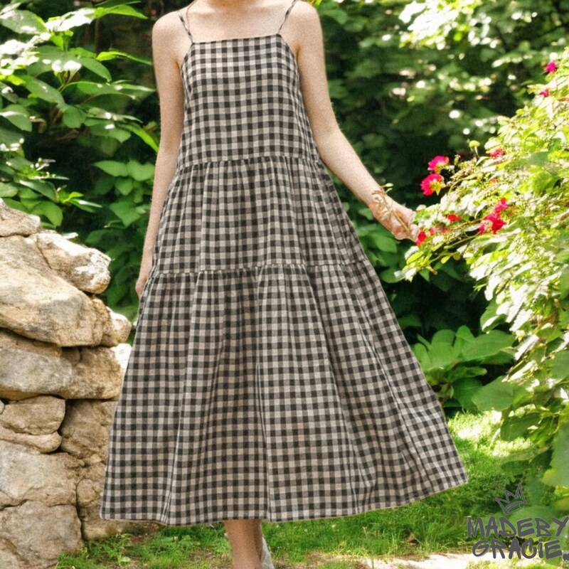 Women's Loose Linen Yellow Plaid Suspenders Skirt
