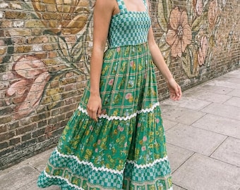 Green Plaid Floral Summer Dress: Boho Cottage Style Maxi Dress