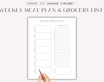 May include: A printable weekly meal planner and grocery list template. The template has a section for each day of the week and a grocery list section. There is also a notes section at the bottom.