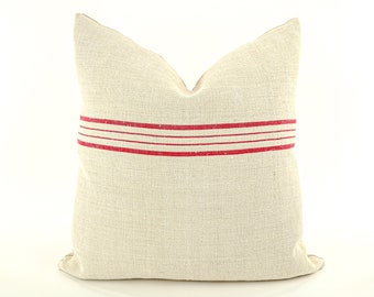 Antique Linen Grain Sack Pillow - red stripes, 18" x 18"