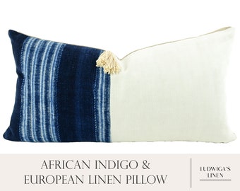 Vintage Handwoven African Indigo/European Linen Pillow - Fits 12x24" Insert, Tribal/Modern/Wabi-Sabi - Easily Mix with Other Colors/Patterns