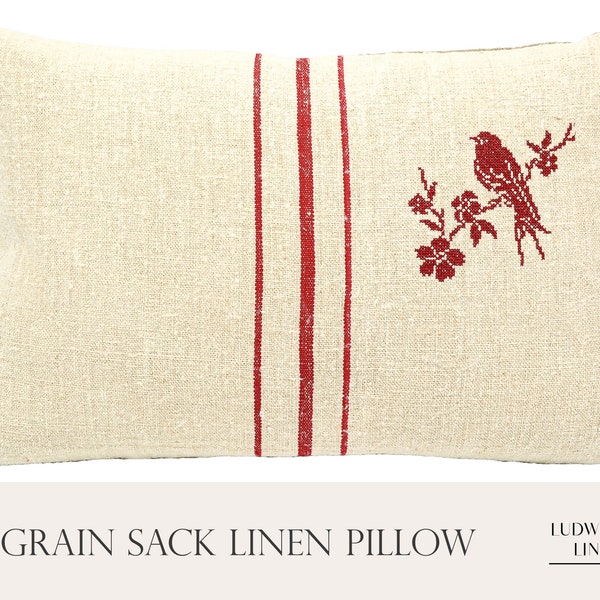 Antique European Grain Sack Linen Pillow - Red Bird 12" x 18" - Rustic Modern Farmhouse/Country Decor made from Handwoven Vintage Linen