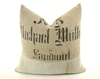 Antique German Grain Sack Linen Pillow - with plow, 20.5" x 20.5"