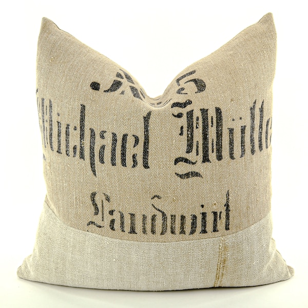 Antique German Grain Sack Linen Pillow - with plow, 20.5" x 20.5"