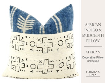 African Indigo and Mudcloth Pillow - Fits 22x22" Insert - Tribal/Wabi-Sabi/Modern/Elegant/Neutral/Farmhouse - Easily at Home in Any Décor