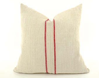 Antique Linen Grain Sack Pillow - red stripes, 20" x 20"